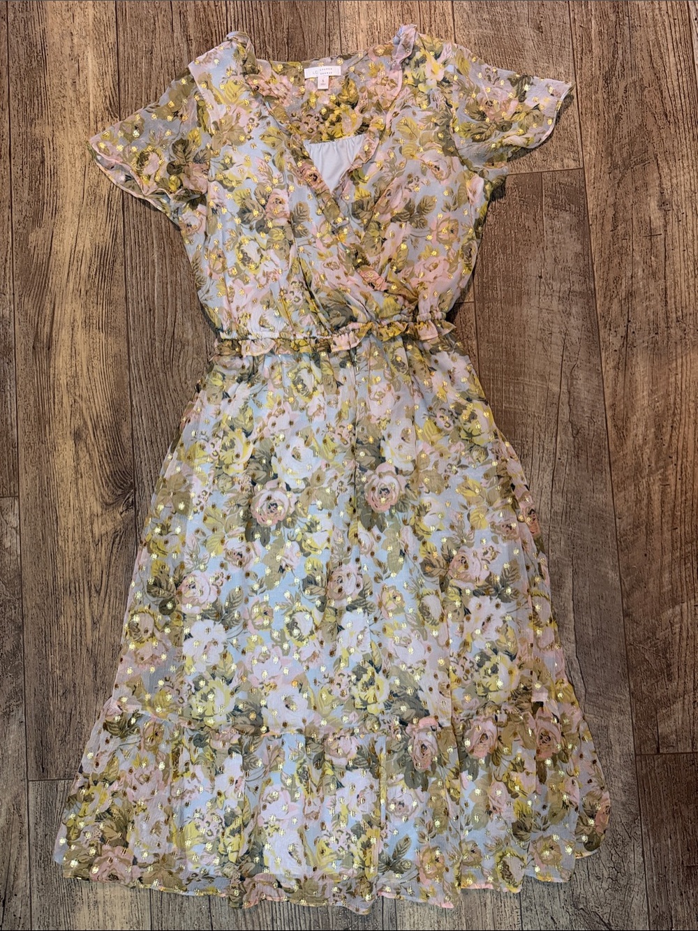 Lauren Conrad - Pastel Floral Wrap Midi Dress with Gold Accents